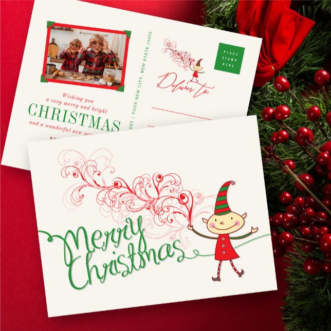 Postal Festiva Cute Personalizado Elf y Swirls Magnífica Feliz Na (Subido por el creador)