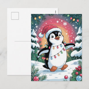 Postal Festiva Cute Pingüino de Invierno Nevado con Gorro de Sant