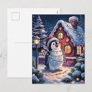 Postal Festiva Cute Pingüino de Invierno Nevado con Gorro de Sant