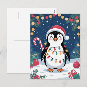 Postal Festiva Cute pingüino de invierno nevado con sombrero de S