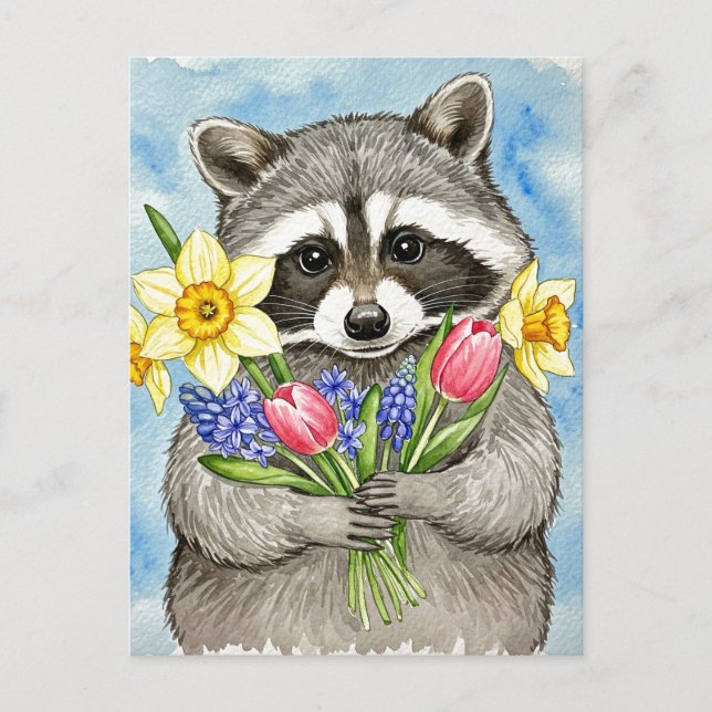 Postal Festiva Cute Raccoon with Spring Flowers Postcard (Anverso)