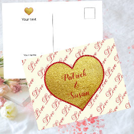 Postal Festiva Cute Red Gold Heart Love Typography Día de San Val