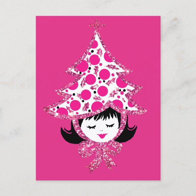 Postal Festiva Cute Retro Pink Christmas Girl with Tree Hat (Anverso)