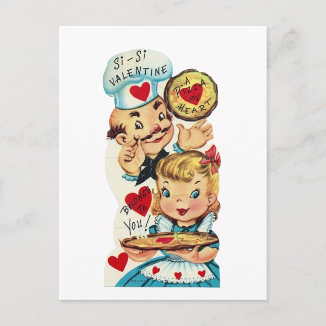 Postal Festiva Cute retro vintage pizza Valentine (Anverso)