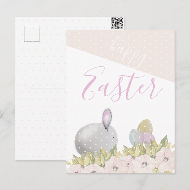 Postal Festiva Cute Rosa Feliz Bunny Watercolor (Anverso / Reverso)
