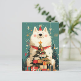 Postal Festiva Cute Samoyed dog with Christmas