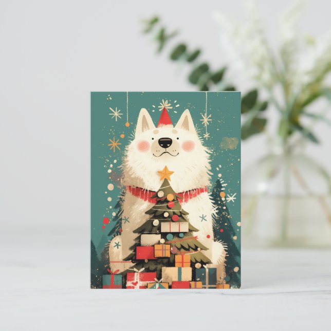 Postal Festiva Cute Samoyed dog with Christmas (Anverso de pie)