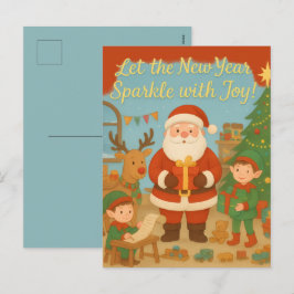 Postal Festiva Cute Santa & Elves New Year Holiday Card