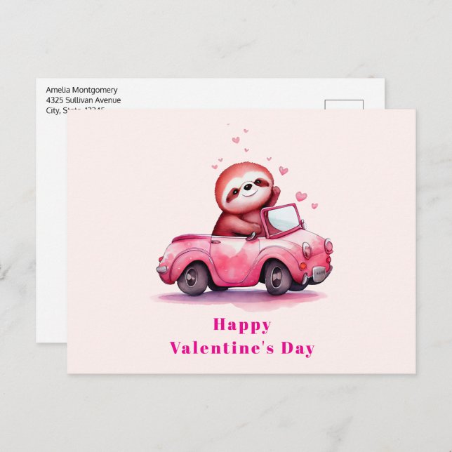 Postal Festiva Cute Sloth in a Pink Convertible Valentine's Day (Anverso / Reverso)