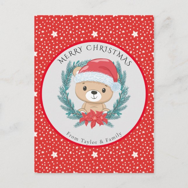 Postal Festiva Cute Teddy Bear Red Merry Christmas (Anverso)