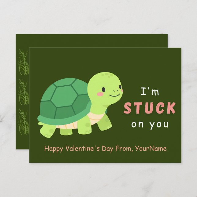 Postal Festiva Cute Turtle Valentine Pun Card – I’m Stuck on You (Anverso / Reverso)