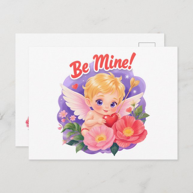 Postal Festiva Cute Valentine's Day Cupid with "Be Mine" (Anverso / Reverso)