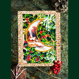 Postal Festiva Cute Vintage Christmas Moon House Holly Mistletoe
