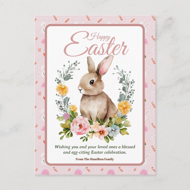 Postal Festiva Cute Watercolor Bunny Floral Wreath Easter (Anverso)