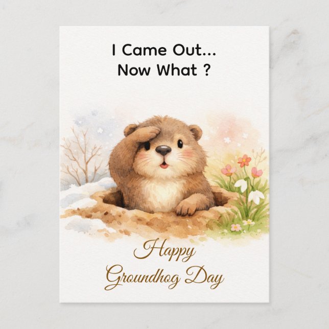 Postal Festiva Cute Watercolor Groundhog Popping Out Of Hole (Anverso)