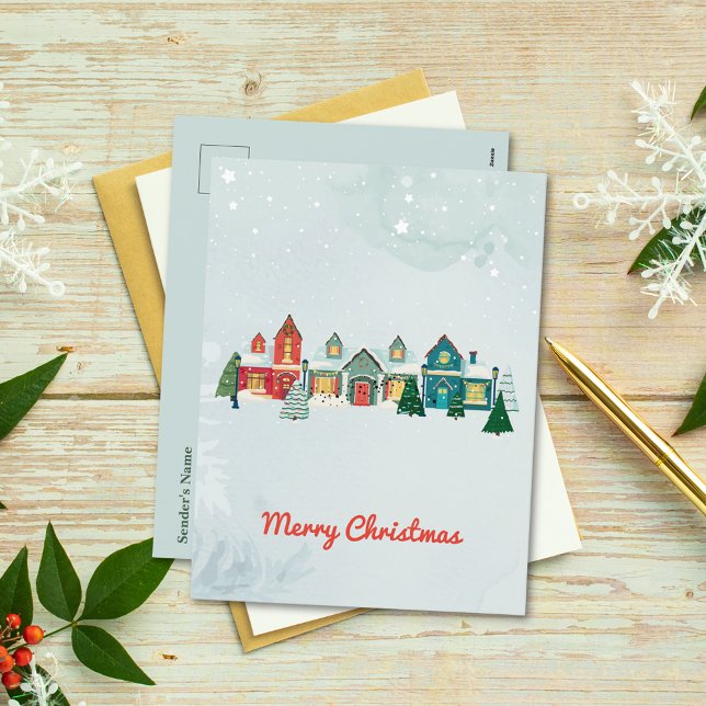 Postal Festiva Cute Watercolor Snowy Village Navidades (Subido por el creador)