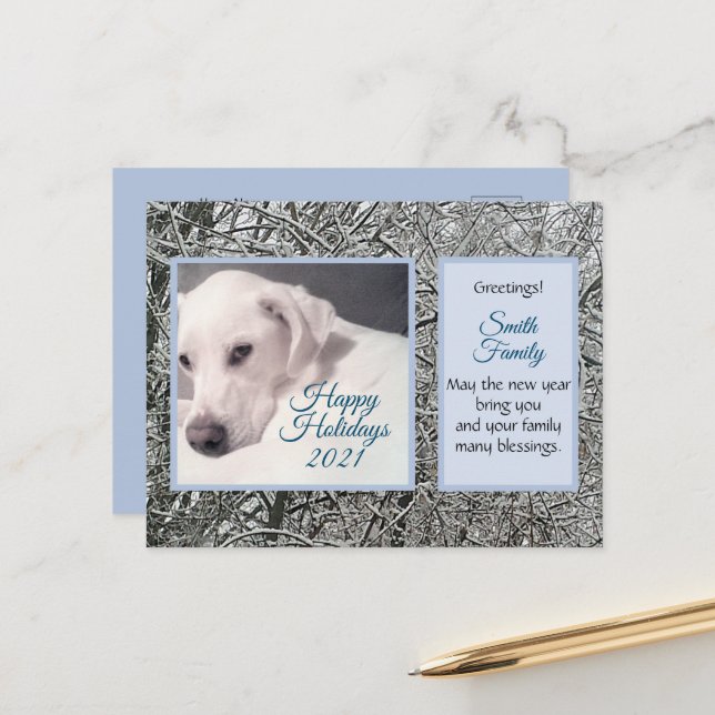 Postal Festiva Cute White Dog Winter Tema Azul (Anverso/Reverso In Situ)