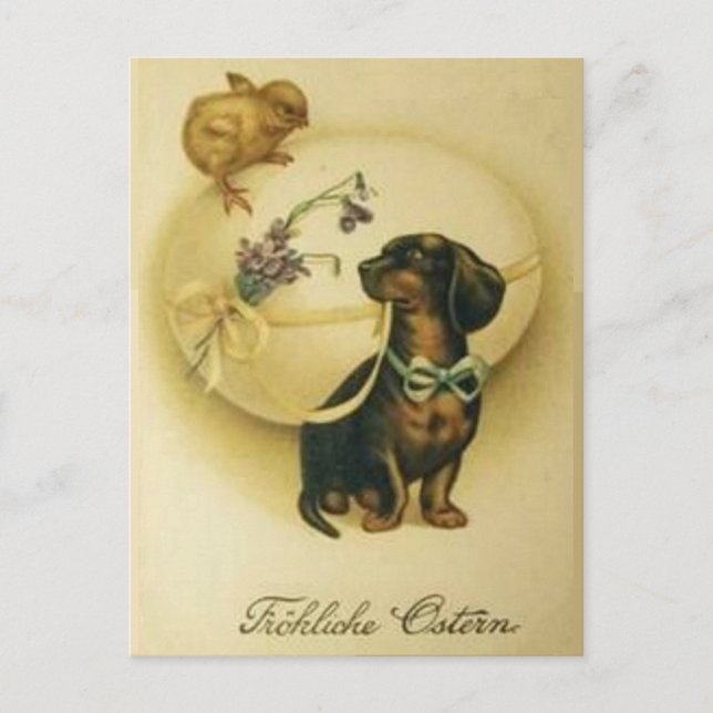 Postal Festiva Dachshund alemán Pascua del huevo del arte retro (Anverso)