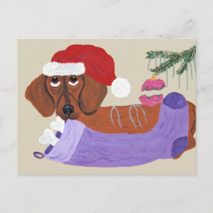 Postal Festiva Dachshund Con Navidades Alzando