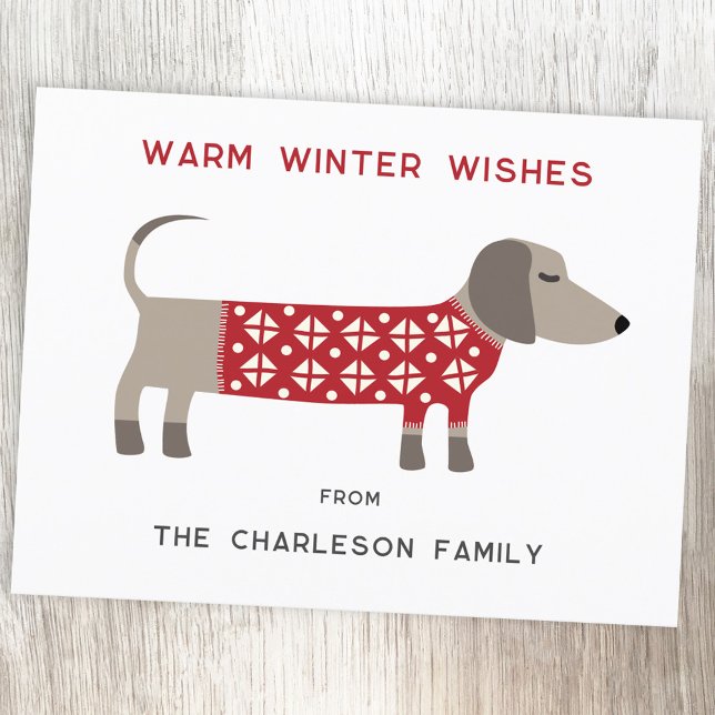 Postal Festiva Dachshund Dog Fun (Dachshund Sausage or Wiener dog in a red and white festive sweater on a Holiday postcard)