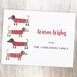 Postal Festiva Dachshund Dog Fun<br><div class="desc">Perros adorables y adorables de Dachshund Sausage o Wiener en sudaderas de punto rojas y blancas. Cambie el nombre y el saludo para personalizar. El reverso presenta un perro pequeño que hace juego. Arte original de Nic Squirrell.</div>