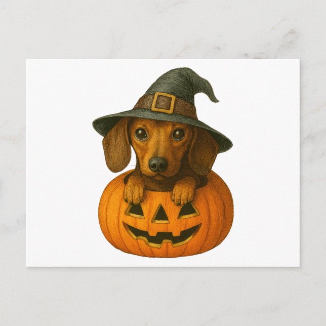 Postal Festiva Dachshund en la Calabaza (Anverso)