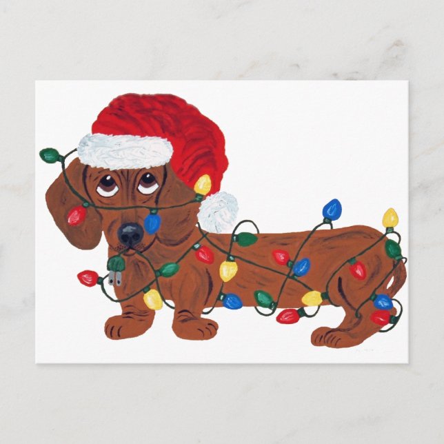 Postal Festiva Dachshund Enfrentado En Luces Navidades (Rojo) (Anverso)