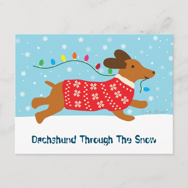 Postal Festiva Dachshund lindo a través del feriado de los Navida (Anverso)