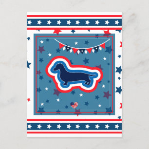 Postal Festiva Dachshund Patriótico Rojo Blanco y Azul 4 de Julio