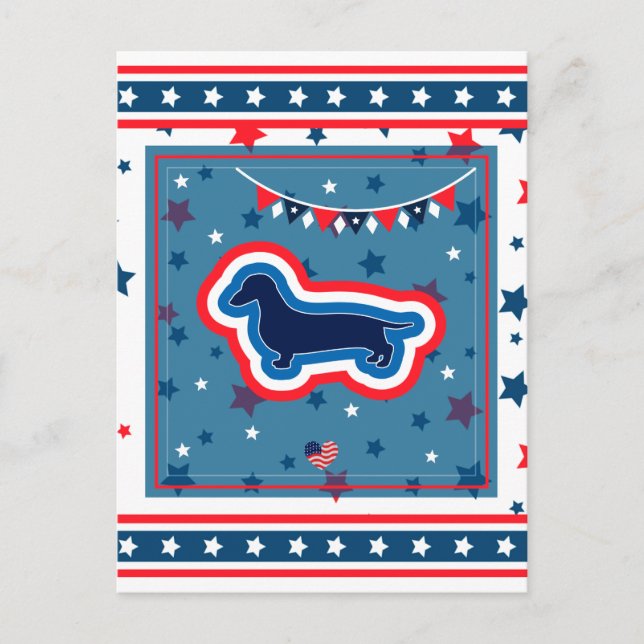 Postal Festiva Dachshund Patriótico Rojo Blanco y Azul 4 de Julio (Anverso)