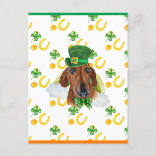Postal Festiva Dachshund Rojo Trebol de San Patricio Día de San P