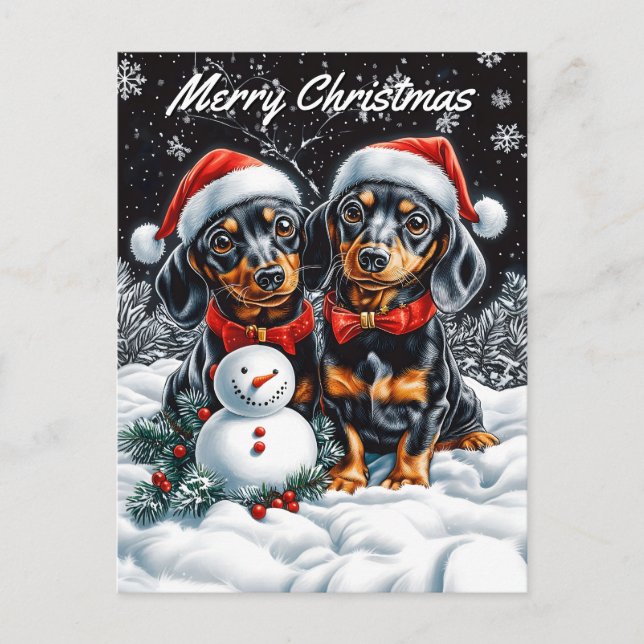 Postal Festiva Dachshunds y Navidades de Snowman (Anverso)