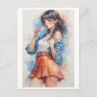 Postal Festiva Dama en falda bebiendo agua en una