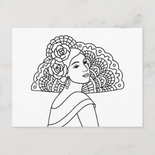 Postal Festiva Dama española de flamenco con abanico Dibujo de ar