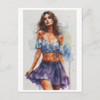 Postal Festiva Dama Hermosa y Colorida en Falda en una