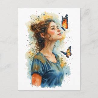 Postal Festiva Dama Mariposa sobre Blanco