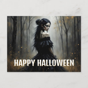 Postal Festiva Dama Mística en el oscuro bosque de Halloween