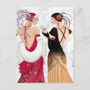 Postal Festiva Damas retro vintage art déco