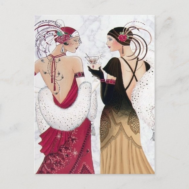 Postal Festiva Damas retro vintage art deco (Anverso)