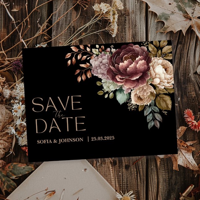 Postal Festiva Dark moody floral Modern Save the Date Boda (Subido por el creador)