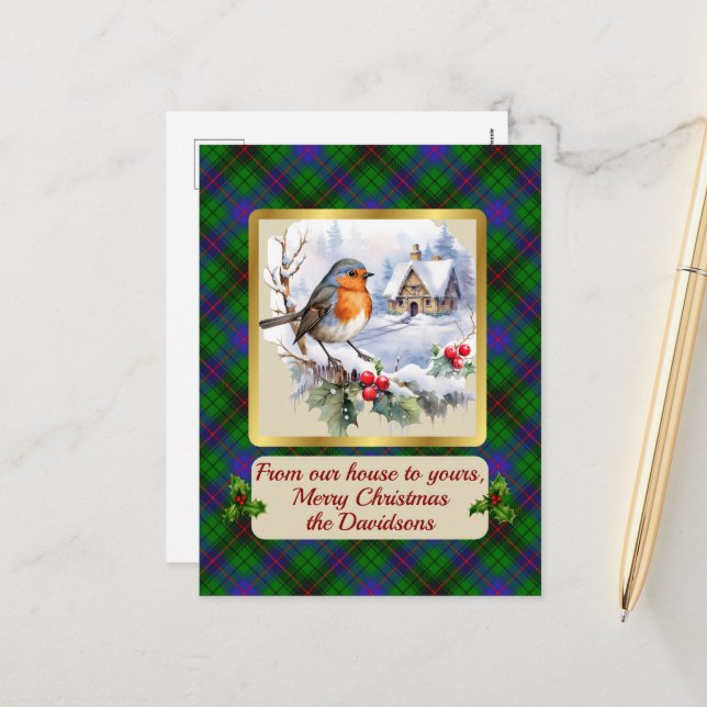 Postal Festiva Davidson Tartan con Robin Personalizado   (Anverso/Reverso In Situ)