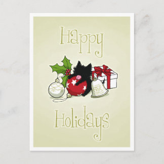 Postal Festiva Decoraciones y gatito negro (buenas fiestas)
