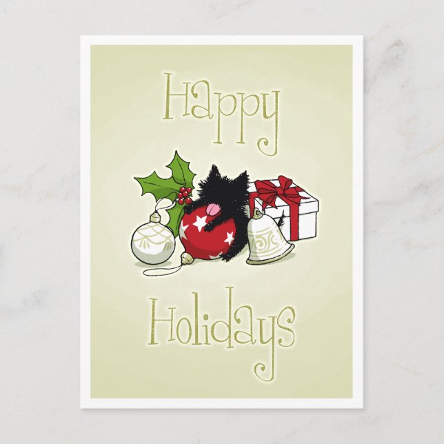Postal Festiva Decoraciones y gatito negro (buenas fiestas) (Anverso)