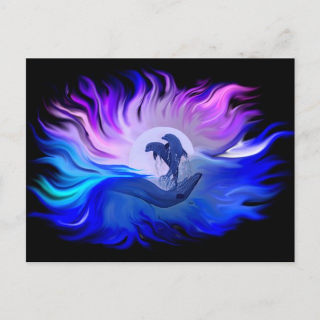 Postal Festiva Delfines a la luz de la luna (Anverso)
