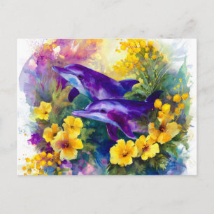 Postal Festiva Delfines de Océano Acuarela Flores Tropicales