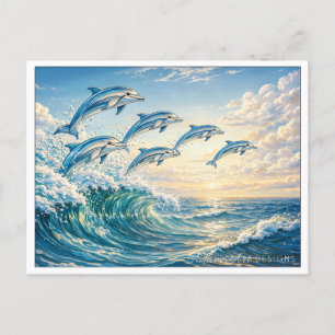 Postal Festiva Delfines Saltando en la Puesta de Sol Ola del Océa