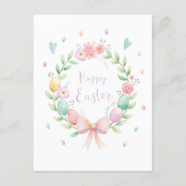 Postal Festiva Delicada corona de Pascua con flores y huevos