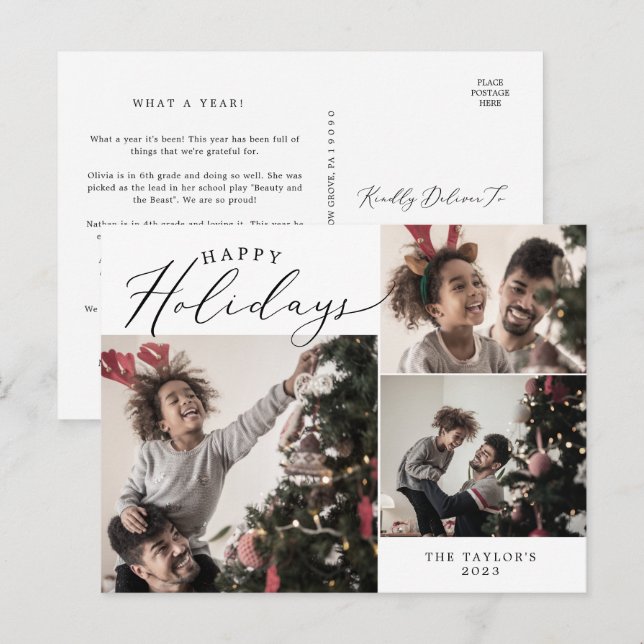 Postal Festiva Delicate Happy Holidays 3 Photo Family Newsletter (Anverso / Reverso)