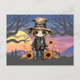 Postal Festiva Demonio Luna Llena Atardecer Girasoles Halloween