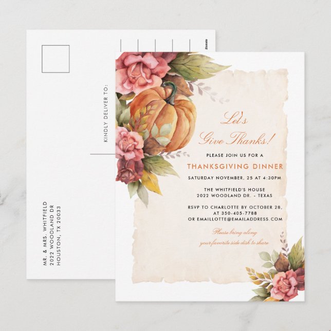 Postal Festiva Démosle gracias a la cena de Acción de Gracias (Anverso / Reverso)